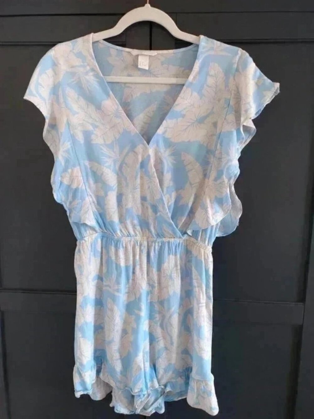 H&M blue & white playsuit Size 8-10 EUR 36 ruffle elasticated waist